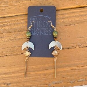 3/$18 Green Stone Brass Tone Moon Sun Earrings